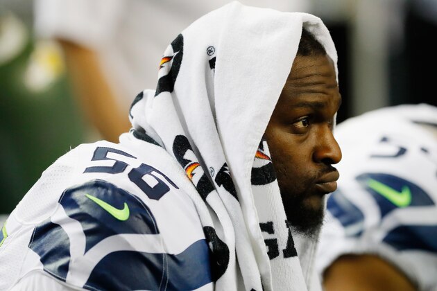 ATLANTA, GA - JANUARY 14:   Cliff Avril #56 of the Seattle Seahawks looks on during the game against the Atlanta Falcons at the Georgia Dome on January 14, 2017 in Atlanta, Georgia.  (Photo by Kevin C. Cox/Getty Images)