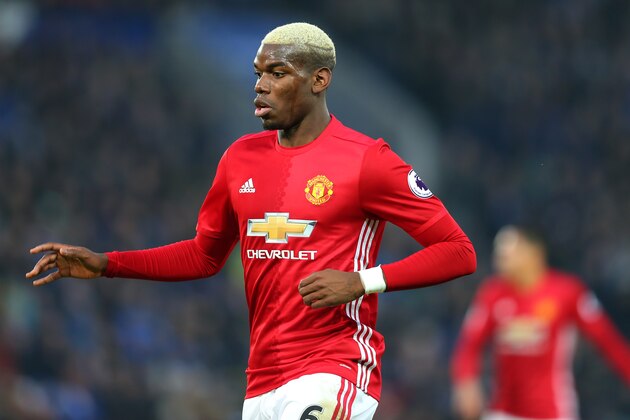 LEICESTER, ENGLAND - FEBRUARY 05: Paul Pogba of Manchester United with blond hair during the Premier League match between Leicester City and Manchester United at The King Power Stadium on February 5, 2017 in Leicester, England. (Photo by Catherine Ivill - AMA/Getty Images)