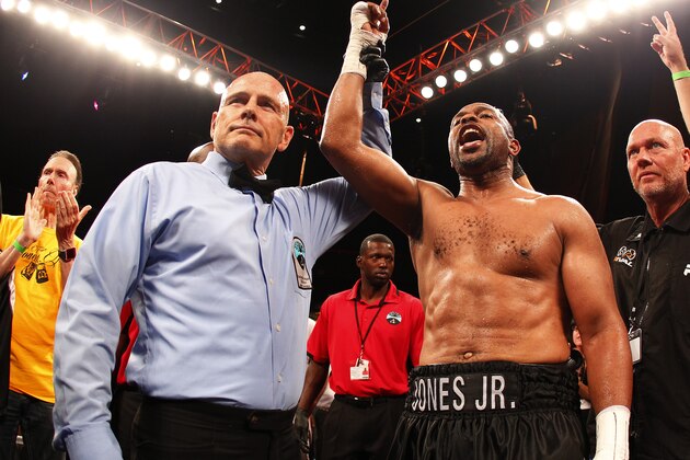 MASHANTUCKET, CT - AUGUST 16: Roy Jones Jr. has his arm raised by referee Danny Schiavone after knocking Eric Watkins out during the sixth round of their bout in the season two finale of NUVOtvÕs Knockout at Foxwoods Resort Casino on August 16, 2015 in Mashantucket, Connecticut. Jones won by a knockout in the sixth round. (Rich Schultz/Getty Images for NUVOtv)