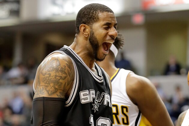 INDIANAPOLIS, IN - FEBRUARY 13:  LaMarcus Aldridge #12 of the San Antonio Spurs celebrates during the game against the Indiana Pacers at Bankers Life Fieldhouse on February 13, 2017 in Indianapolis, Indiana.    NOTE TO USER: User expressly acknowledges and agrees that, by downloading and or using this photograph, User is consenting to the terms and conditions of the Getty Images License Agreement  (Photo by Andy Lyons/Getty Images)
