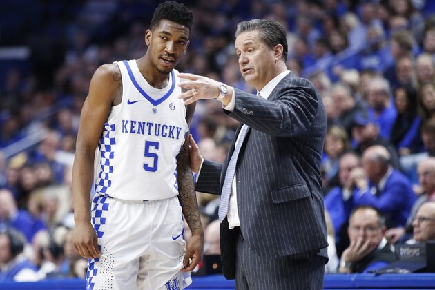 LEXINGTON, KY - JANUARY 14: Malik Monk #5 of the Kentucky Wildcats listens to head coach John Calipari during the game against the Auburn Tigers at Rupp Arena on January 14, 2017 in Lexington, Kentucky. Kentucky defeated Auburn 92-72. (Photo by Joe Robbins/Getty Images)