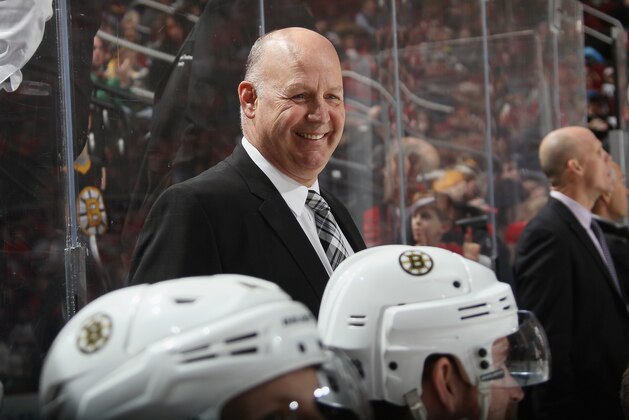 NEWARK, NJ - JANUARY 08: Claude Julien of the Boston Bruins works the bench against the New Jersey Devils at the Prudential Center on January 8, 2016 in Newark, New Jersey. The Bruins defeated the Devils 4-1.  (Photo by Bruce Bennett/Getty Images)