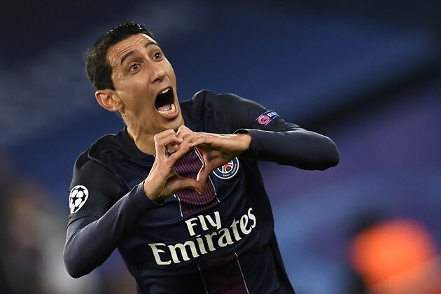 Paris Saint-Germain's Argentinian forward Angel Di Maria celebrates after scoring a goal during the UEFA Champions League round of 16 first leg football match between Paris Saint-Germain and FC Barcelona on February 14, 2017 at the Parc des Princes stadium in Paris. / AFP / CHRISTOPHE SIMON        (Photo credit should read CHRISTOPHE SIMON/AFP/Getty Images)