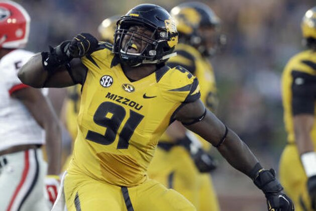 Missouri defensive end Charles Harris celebrates during the first half of an NCAA college football game against Georgia Saturday, Sept. 17, 2016, in Columbia, Mo. (AP Photo/Jeff Roberson)