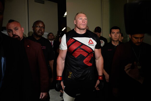 LAS VEGAS, NV - JULY 09: Brock Lesnar walks to the Octagon to face Mark Hunt during the UFC 200 event on July 9, 2016 at T-Mobile Arena in Las Vegas, Nevada.  (Photo by Brandon Magnus/Zuffa LLC/Zuffa LLC via Getty Images)