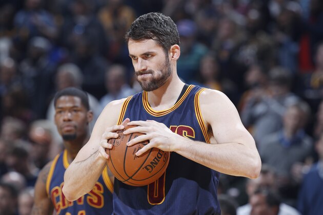 INDIANAPOLIS, IN - FEBRUARY 08: Kevin Love #0 of the Cleveland Cavaliers looks on against the Indiana Pacers during the game at Bankers Life Fieldhouse on February 8, 2017 in Indianapolis, Indiana. The Cavaliers defeated the Pacers 132-117. NOTE TO USER: User expressly acknowledges and agrees that, by downloading and or using the photograph, User is consenting to the terms and conditions of the Getty Images License Agreement. (Photo by Joe Robbins/Getty Images)