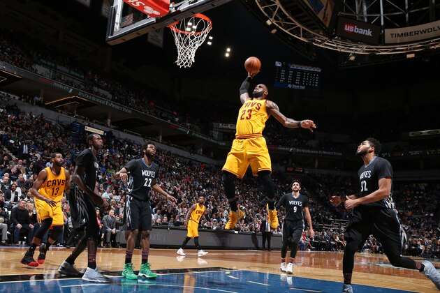 MINNEAPOLIS, MN - FEBRUARY 14:  LeBron James #23 of the Cleveland Cavaliers goes up for a dunk during a game against the Minnesota Timberwolves on February 14, 2017 at the Target Center in Minneapolis, Minnesota. NOTE TO USER: User expressly acknowledges and agrees that, by downloading and/or using this photograph, user is consenting to the terms and conditions of the Getty Images License Agreement. Mandatory Copyright Notice: Copyright 2017 NBAE (Photo by David Sherman/NBAE via Getty Images)