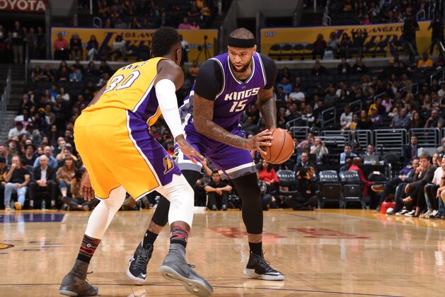 LOS ANGELES, CA - FEBRUARY 14:  DeMarcus Cousins #15 of the Sacramento Kings handles the ball during a game against the Los Angeles Lakers on February 14, 2017 at STAPLES Center in Los Angeles, California. NOTE TO USER: User expressly acknowledges and agrees that, by downloading and/or using this photograph, user is consenting to the terms and conditions of the Getty Images License Agreement. Mandatory Copyright Notice: Copyright 2017 NBAE (Photo by Andrew D. Bernstein/NBAE via Getty Images)