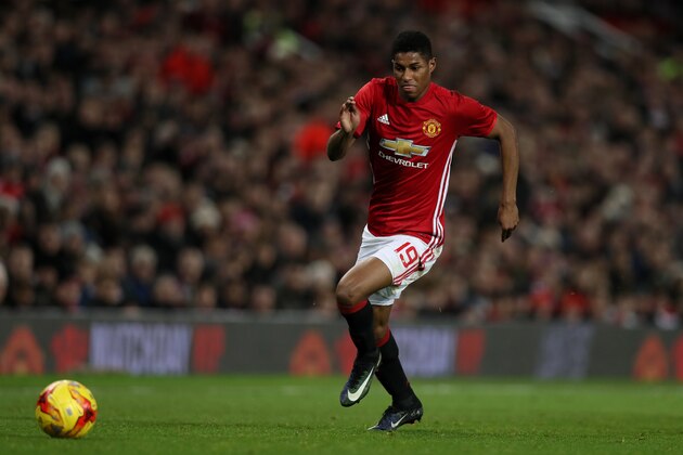 MANCHESTER, ENGLAND - JANUARY 10:  Marcus Rashford of Manchester United in action during the  EFL Cup Semi-Final first leg match between Manchester United and Hull City at Old Trafford on January 10, 2017 in Manchester, England.  (Photo by Matthew Ashton - AMA/Getty Images)