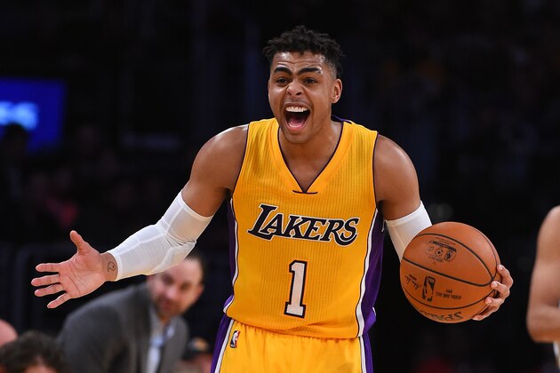 LOS ANGELES, CA - JANUARY 31:  D'Angelo Russell #1 of the Los Angeles Lakers reacts to a call in the second half of the game against the Denver Nuggets at Staples Center on January 31, 2017 in Los Angeles, California. Lakers won 120-116. NOTE TO USER: User expressly acknowledges and agrees that, by downloading and or using this photograph, User is consenting to the terms and conditions of the Getty Images License Agreement.  (Photo by Jayne Kamin-Oncea/Getty Images)