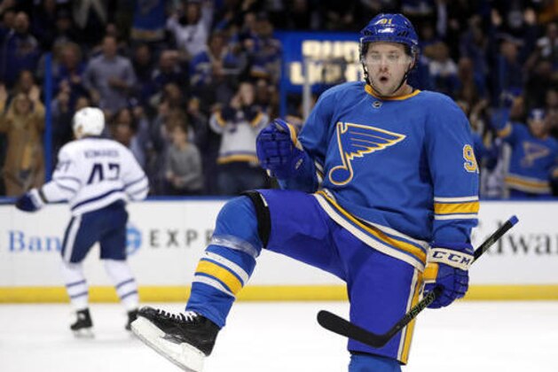 St. Louis Blues' Vladimir Tarasenko, of Russia, celebrates after scoring during the second period of the team's NHL hockey game against the Toronto Maple Leafs on Thursday, Feb. 2, 2017, in St. Louis. (AP Photo/Jeff Roberson)