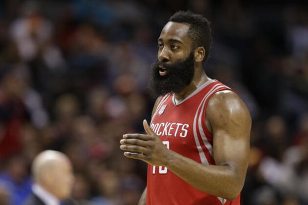 Houston Rockets' James Harden (13) reacts to a call in the second half of an NBA basketball game against the Charlotte Hornets in Charlotte, N.C., Thursday, Feb. 9, 2017. The Rockets won 107-95. (AP Photo/Chuck Burton)