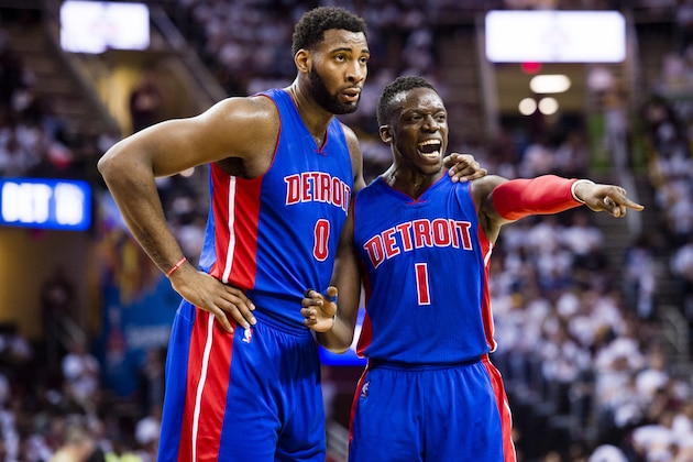 CLEVELAND, OH - APRIL 17: Andre Drummond #0 and Reggie Jackson #1 of the Detroit Pistons talk on the court during the second half of the NBA Eastern Conference quarterfinals against the Cleveland Cavaliers at Quicken Loans Arena on April 17, 2016 in Cleveland, Ohio. The Cavaliers defeated the Pistons 106-101. NOTE TO USER: User expressly acknowledges and agrees that, by downloading and or using this photograph, User is consenting to the terms and conditions of the Getty Images License Agreement. (Photo by Jason Miller/Getty Images)  *** Local Caption ***Andre Drummond; Reggie Jackson