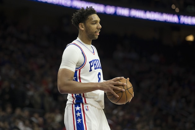 PHILADELPHIA, PA - FEBRUARY 8: Jahlil Okafor #8 of the Philadelphia 76ers looks on against the San Antonio Spurs at the Wells Fargo Center on February 8, 2017 in Philadelphia, Pennsylvania. The Spurs defeated the 76ers 111-103. NOTE TO USER: User expressly acknowledges and agrees that, by downloading and or using this photograph, User is consenting to the terms and conditions of the Getty Images License Agreement. (Photo by Mitchell Leff/Getty Images)