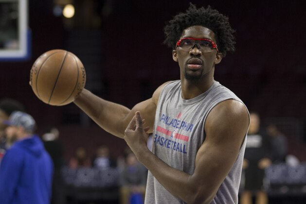 PHILADELPHIA, PA - FEBRUARY 8: Joel Embiid #21 of the Philadelphia 76ers warms up prior to the game against the San Antonio Spurs at the Wells Fargo Center on February 8, 2017 in Philadelphia, Pennsylvania. The Spurs defeated the 76ers 111-103. NOTE TO USER: User expressly acknowledges and agrees that, by downloading and or using this photograph, User is consenting to the terms and conditions of the Getty Images License Agreement. (Photo by Mitchell Leff/Getty Images)