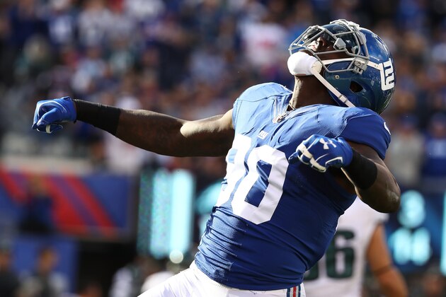 EAST RUTHERFORD, NJ - NOVEMBER 06:  Jason Pierre-Paul #90 of the New York Giants reacts after a play against the Philadelphia Eagles during the first half of the game at MetLife Stadium on November 6, 2016 in East Rutherford, New Jersey.  (Photo by Al Bello/Getty Images)