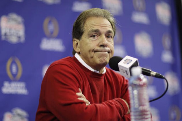 Alabama head coach Nick Saban answers a question during media day for Saturday's Peach Bowl NCAA college football game against Washington in Atlanta, Thursday, Dec. 29, 2016. (AP Photo/David Goldman)
