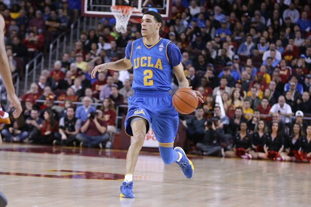 LOS ANGELES, CA - JANUARY 25:  Lonzo Ball #2 of the UCLA Bruins handles the ball against the USC Trojans during a NCAA Pac12 conference college basketball game at Galen Center on January 25, 2017 in Los Angeles, California.  (Photo by Leon Bennett/Getty Images)