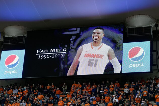 SYRACUSE, NY - FEBRUARY 13:  General view of the video board during a tribute for former Syracuse Orange player Fab Melo prior to the game between the Louisville Cardinals and the Syracuse Orange at the Carrier Dome on February 13, 2017 in Syracuse, New York. Louisville defeated Syracuse 76-72 in overtime. (Photo by Rich Barnes/Getty Images)