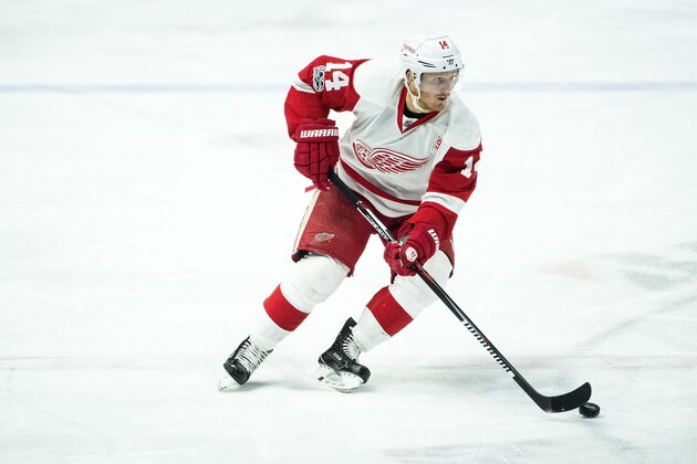 NASHVILLE, TN - FEBRUARY 4:  Gustav Nyquist #14 of the Detroit Red Wings skates against the Nashville Predators during an NHL game at Bridgestone Arena on February 4, 2017 in Nashville, Tennessee.  (Photo by Ronald C. Modra/NHL/Getty Images)
