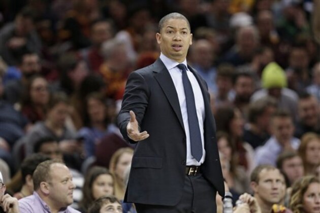 Cleveland Cavaliers head coach Tyronn Lue reacts in the second half of an NBA basketball game against the Denver Nuggets, Saturday, Feb. 11, 2017, in Cleveland. (AP Photo/Tony Dejak)