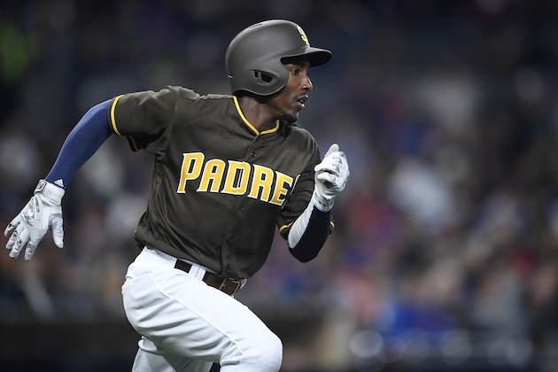 SAN DIEGO, CA - MAY 6: Jemile Weeks #8 of the San Diego Padres runs to first base during a game against the New York Mets at Petco Park on May 6, 2016 in San Diego, California. (Photo by Andy Hayt/San Diego Padres/Getty Images)