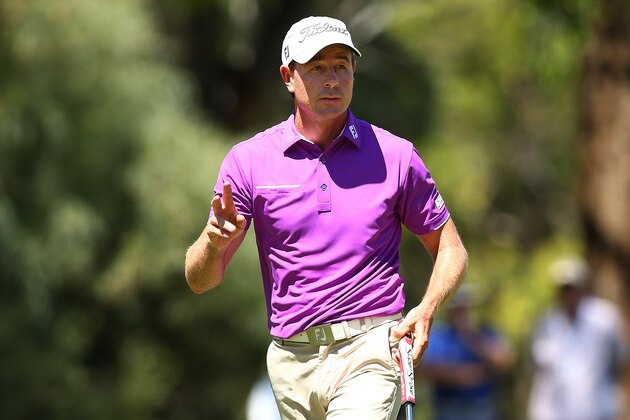 PERTH, AUSTRALIA - FEBRUARY 16: Brett Rumford of Australia acknowledges the gallery on the 7th green during round one of the ISPS HANDA World Super 6 at Lake Karrinyup Country Club on February 16, 2017 in Perth, Australia.  (Photo by Paul Kane/Getty Images)