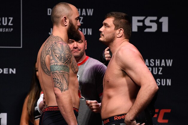 BOSTON, MA - JANUARY 16:  (L-R) Opponents Travis Browne and Matt Mitrione face off during the UFC weigh-in at the Wang Theatre on January 16, 2016 in Boston, Massachusetts. (Photo by Jeff Bottari/Zuffa LLC/Zuffa LLC via Getty Images)