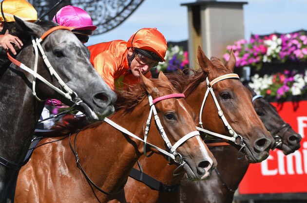 MELBOURNE, AUSTRALIA - FEBRUARY 20:  Damien Oliver riding Terravista (r) looks on as Dwayne Dunn riding Chautauqua flies home to win Race 7, the Black Caviar Lightning during Black Caviar Lightning Stakes Day at Flemington Racecourse on February 20, 2016 in Melbourne, Australia.  (Photo by Vince Caligiuri/Getty Images)