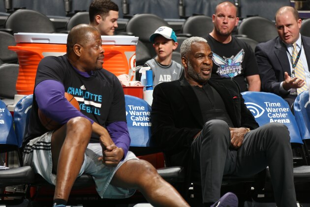 CHARLOTTE, NC - MARCH 9:  Former New York Knicks teammates Patrick Ewing and Charles Oakley before the game between the Charlotte Hornets and New Orleans Pelicans on March 9, 2016 at Time Warner Cable Arena in Charlotte, North Carolina. NOTE TO USER: User expressly acknowledges and agrees that, by downloading and or using this photograph, User is consenting to the terms and conditions of the Getty Images License Agreement.  Mandatory Copyright Notice:  Copyright 2016 NBAE (Photo by Kent Smith/NBAE via Getty Images)