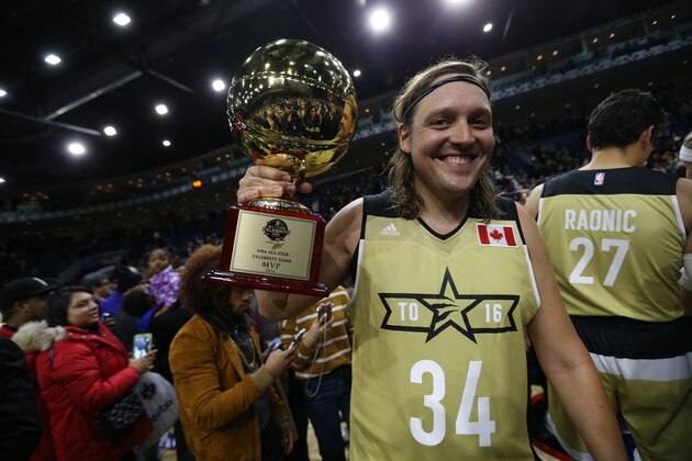TORONTO, CANADA - FEBRUARY 12: Win Butler #34 of Team Canada poses with the MVP trophy during the NBA All-Star Celebrity Game Presented by Mountain Dew as part of 2016 All-Star Weekend at the Ricoh Coliseum on February 12, 2016 in Toronto, Ontario, Canada. NOTE TO USER: User expressly acknowledges and agrees that, by downloading and/or using this photograph, user is consenting to the terms and conditions of the Getty Images License Agreement.  Mandatory Copyright Notice: Copyright 2016 NBAE (Photo by Ron Turenne/NBAE via Getty Images)