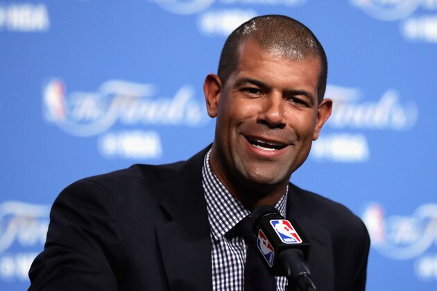 CLEVELAND, OH - JUNE 08:  Retired American professional basketball player Shane Battier speaks with the media during a press conference after Vince Carter #15 of the Memphis Grizzlies (not pictured) was awarded the 2015-16 Twyman-Stokes Teammate of the Year Award prior to Game 3 of the 2016 NBA Finals between the Cleveland Cavaliers and the Golden State Warriors at Quicken Loans Arena on June 8, 2016 in Cleveland, Ohio. NOTE TO USER: User expressly acknowledges and agrees that, by downloading and or using this photograph, User is consenting to the terms and conditions of the Getty Images License Agreement.  (Photo by Ronald Martinez/Getty Images)