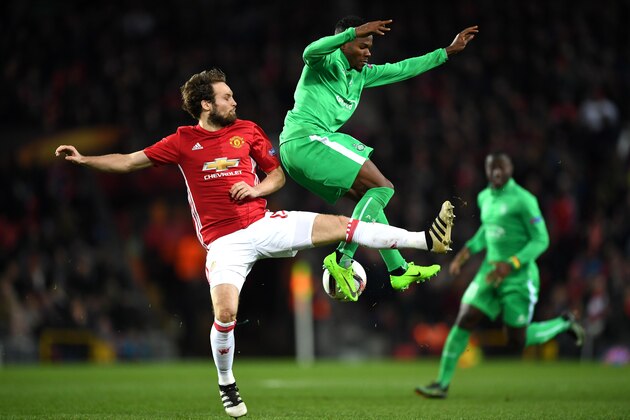 MANCHESTER, ENGLAND - FEBRUARY 16:  Jorginho of Saint-Etienne and Daley Blind of Manchester United in action during the UEFA Europa  League Round of 32 first leg match between Manchester United and AS Saint-Etienne at Old Trafford on February 16, 2017 in Manchester, United Kingdom.  (Photo by Shaun Botterill/Getty Images)
