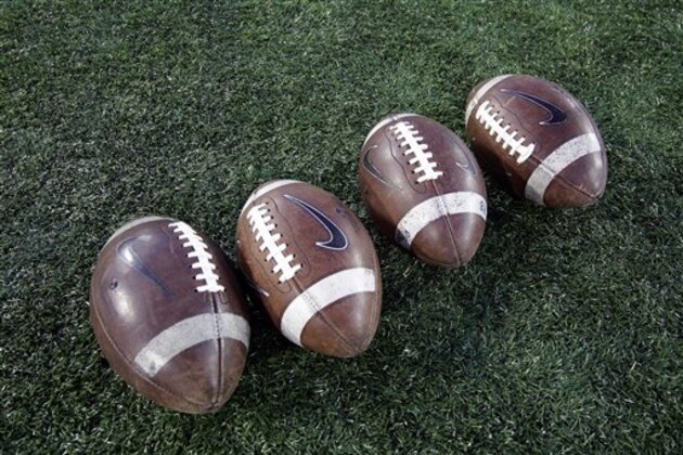 Footballs sit on the field before an NCAA college football game between Memphis and Houston Saturday, Nov. 14, 2015, in Houston. (AP Photo/David J. Phillip)