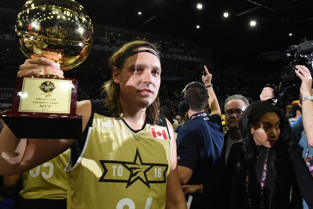 TORONTO, CANADA - FEBRUARY 12: Win Butler of Team Canada poses with the MVP trophy during the NBA All-Star Celebrity Game Presented by Mountain Dew as part of 2016 All-Star Weekend at the Ricoh Coliseum on February 12, 2016 in Toronto, Ontario, Canada. NOTE TO USER: User expressly acknowledges and agrees that, by downloading and/or using this photograph, user is consenting to the terms and conditions of the Getty Images License Agreement.  Mandatory Copyright Notice: Copyright 2016 NBAE (Photo by Ron Turenne/NBAE via Getty Images)