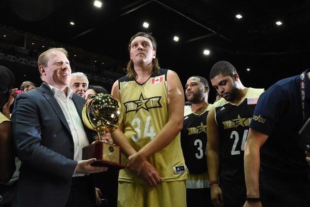 TORONTO, CANADA - FEBRUARY 12: Win Butler is presented the MVP trophy during the NBA All-Star Celebrity Game Presented by Mountain Dew as part of 2016 All-Star Weekend at the Ricoh Coliseum on February 12, 2016 in Toronto, Ontario, Canada. NOTE TO USER: User expressly acknowledges and agrees that, by downloading and/or using this photograph, user is consenting to the terms and conditions of the Getty Images License Agreement.  Mandatory Copyright Notice: Copyright 2016 NBAE (Photo by Ron Turenne/NBAE via Getty Images)