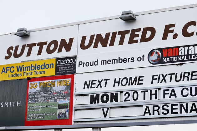 SUTTON, GREATER LONDON - FEBRUARY 16:  A fixture sign is seen during a Sutton United FA Cup media day on February 16, 2017 at the Borough Sports Ground in Sutton, Greater London. Sutton United are due to face Arsenal in the Emirates FA Cup Fifth round on 20 February.  (Photo by Ian Walton/Getty Images)