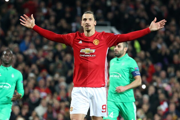 MANCHESTER, ENGLAND - FEBRUARY 16: Zlatan Ibrahimovic of Manchester United celebrates his third goal during the UEFA Europa League Round of 32 first leg match between Manchester United and AS Saint-Etienne (ASSE) at Old Trafford stadium on February 16, 2017 in Manchester, United Kingdom. (Photo by Jean Catuffe/Getty Images)