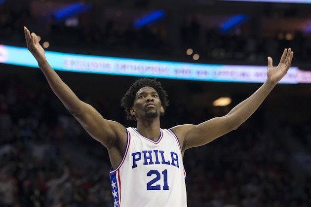 PHILADELPHIA, PA - JANUARY 27: Joel Embiid #21 of the Philadelphia 76ers reacts after a made basket against the Houston Rockets at the Wells Fargo Center on January 27, 2017 in Philadelphia, Pennsylvania. NOTE TO USER: User expressly acknowledges and agrees that, by downloading and or using this photograph, User is consenting to the terms and conditions of the Getty Images License Agreement. (Photo by Mitchell Leff/Getty Images)