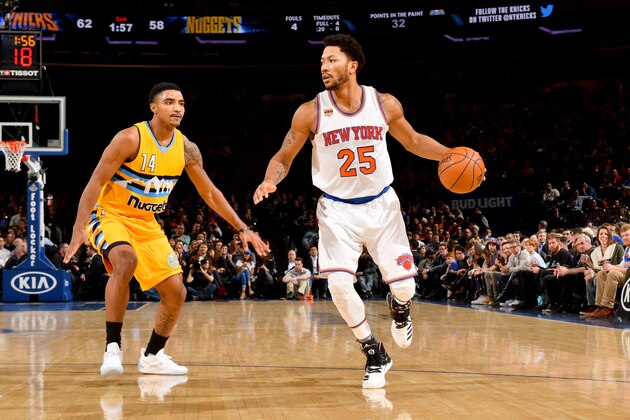 NEW YORK, NY - FEBRUARY 10:  Derrick Rose #25 of the New York Knicks goes to the basket against the Denver Nuggets on February 10, 2017 at Madison Square Garden in New York City, New York.  NOTE TO USER: User expressly acknowledges and agrees that, by downloading and or using this photograph, User is consenting to the terms and conditions of the Getty Images License Agreement. Mandatory Copyright Notice: Copyright 2017 NBAE  (Photo by Jesse D. Garrabrant/NBAE via Getty Images)