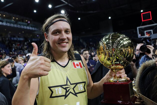 TORONTO, ON - FEBRUARY 12:  Win Butler #34 of Team Canada wins the Player of the Game Award following the NBA All-Star Celebrity Game against Team USA at the Ricoh Coliseum on February 12, 2016 in Toronto, Ontario, Canada.  NOTE TO USER: User expressly acknowledges and agrees that, by downloading and or using this photograph, User is consenting to the terms and conditions of the Getty Images License Agreement.  (Photo by Vaughn Ridley/Getty Images)