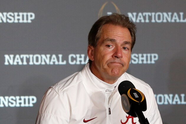 TAMPA, FL - JANUARY 09:  Head coach Nick Saban of the Alabama Crimson Tide speaks during a press conference after the Clemson Tigers defeated the Alabama Crimson Tide 35-31 in the 2017 College Football Playoff National Championship Game at Raymond James Stadium on January 9, 2017 in Tampa, Florida.  (Photo by Brian Blanco/Getty Images)