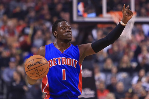 TORONTO, ON - FEBRUARY 12:  Reggie Jackson #1 of the Detroit Pistons dribbles the ball during the first half of an NBA game against the Toronto Raptors at Air Canada Centre on February 12, 2017 in Toronto, Canada.  NOTE TO USER: User expressly acknowledges and agrees that, by downloading and or using this photograph, User is consenting to the terms and conditions of the Getty Images License Agreement.  (Photo by Vaughn Ridley/Getty Images)