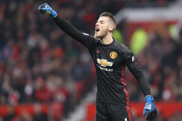 MANCHESTER, ENGLAND - FEBRUARY 11:  David De Gea of Manchester United in action during the Premier League match between Manchester United and Watford at Old Trafford on February 11, 2017 in Manchester, England.  (Photo by Mark Thompson/Getty Images)