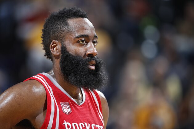 INDIANAPOLIS, IN - JANUARY 29: James Harden #13 of the Houston Rockets looks on against the Indiana Pacers during the game at Bankers Life Fieldhouse on January 29, 2017 in Indianapolis, Indiana. The Pacers defeated the Rockets 120-101. NOTE TO USER: User expressly acknowledges and agrees that, by downloading and or using the photograph, User is consenting to the terms and conditions of the Getty Images License Agreement. (Photo by Joe Robbins/Getty Images)