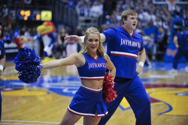 LAWRENCE, KS - JANUARY 21: Kansas Jayhawks cheerleaders perform prior to a game against the Texas Longhorns at Allen Fieldhouse on January 21, 2017 in Lawrence, Kansas. (Photo by Ed Zurga/Getty Images) *** Local Caption ***