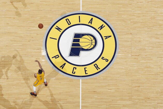 INDIANAPOLIS, IN - FEBRUARY 8: General view of the Indiana Pacers logo at half court as action takes place during the game against the Los Angeles Lakers at Bankers Life Fieldhouse on February 8, 2016 in Indianapolis, Indiana. The Pacers defeated the Lakers 89-87. NOTE TO USER: User expressly acknowledges and agrees that, by downloading and or using the photograph, User is consenting to the terms and conditions of the Getty Images License Agreement. (Photo by Joe Robbins/Getty Images)