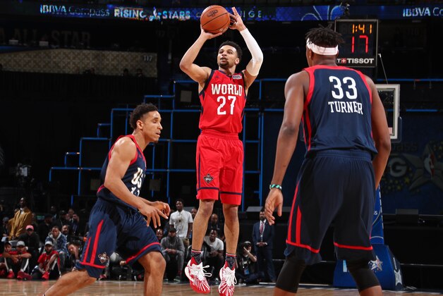 NEW ORLEANS, LA - FEBRUARY 17:  Jamal Murray #27 of the World Team shoots the ball during the BBVA Compass Rising Stars Challenge as part of 2017 All-Star Weekend at the Smoothie King Center on February 17, 2017 in New Orleans, Louisiana. NOTE TO USER: User expressly acknowledges and agrees that, by downloading and/or using this photograph, user is consenting to the terms and conditions of the Getty Images License Agreement. Mandatory Copyright Notice: Copyright 2017 NBAE (Photo by Nathaniel S. Butler/NBAE via Getty Images)