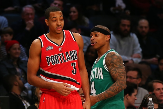 TORONTO, ON - FEBRUARY 13:  CJ McCollum of the Portland Trail Blazers and Isaiah Thomas of the Boston Celtics react after their round in the Taco Bell Skills Challenge during NBA All-Star Weekend 2016 at Air Canada Centre on February 13, 2016 in Toronto, Canada. NOTE TO USER: User expressly acknowledges and agrees that, by downloading and/or using this Photograph, user is consenting to the terms and conditions of the Getty Images License Agreement.  (Photo by Elsa/Getty Images)