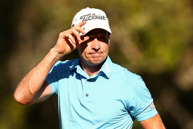 PERTH, AUSTRALIA - FEBRUARY 18: Brett Rumford of Australia acknowledges the gallery on the 18th green after completing his round during round three of ISPS HANDA World Super 6 Perth at Lake Karrinyup Country Club on February 18, 2017 in Perth, Australia.  (Photo by Paul Kane/Getty Images)